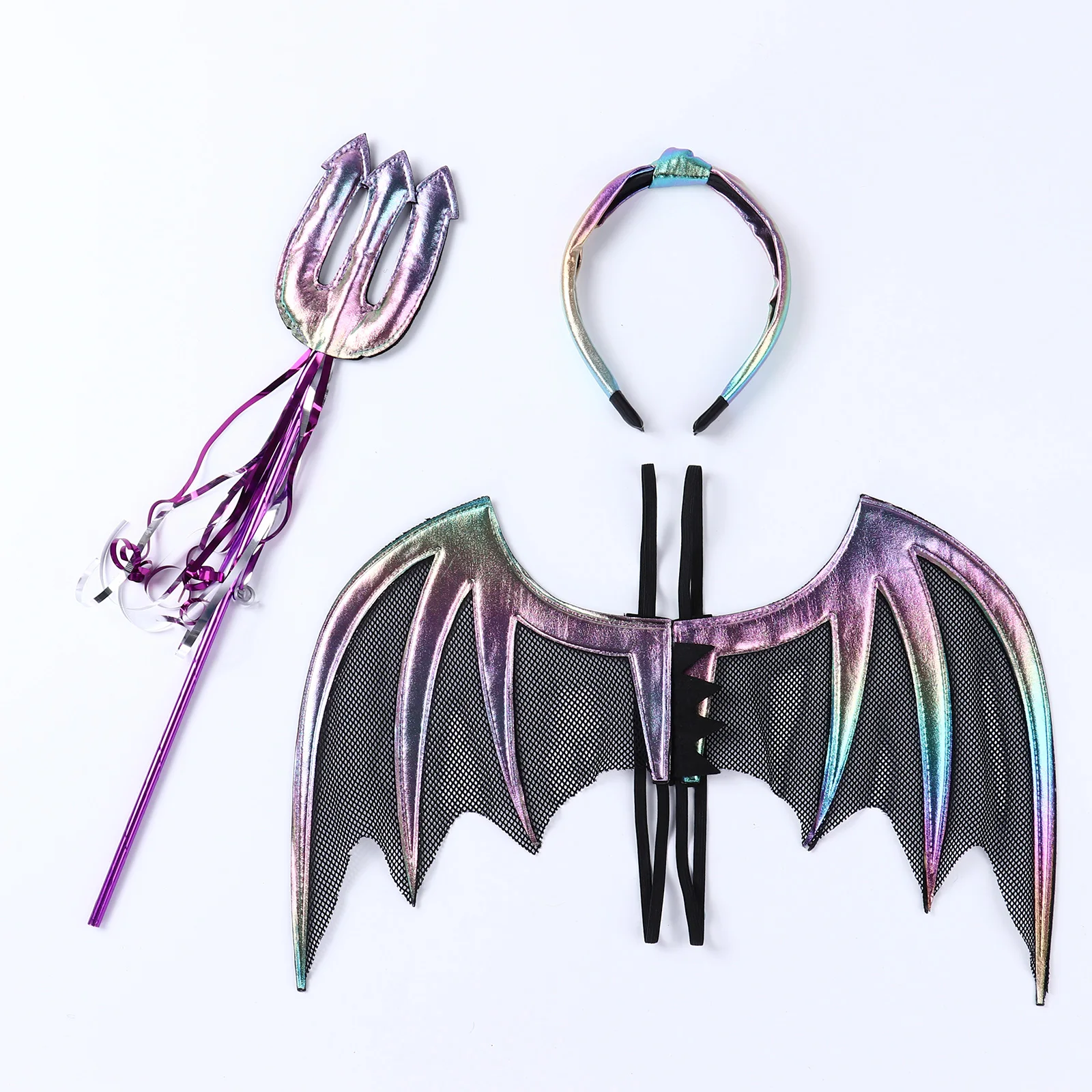 

Halloween Devil Costumes Horror Witch Cosplay Accessories Pumpkin Hair Hoop with Trident Fork Bat Bone Wing Party Dress Up Set