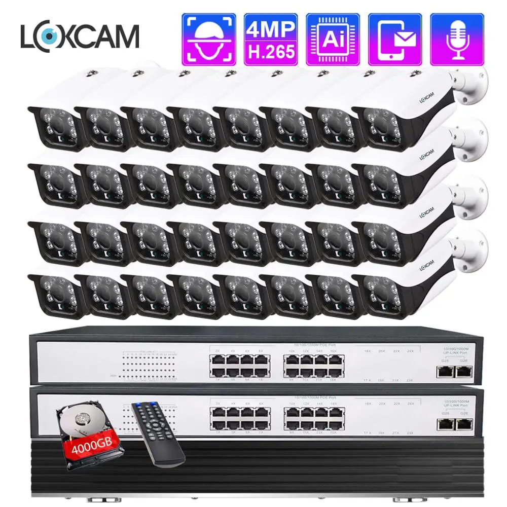 LOXCAM 32CH 4K HDMI NVR Kit 48V POE 4MP 2MP Ai безопасности Камера Системы Водонепроницаемый на