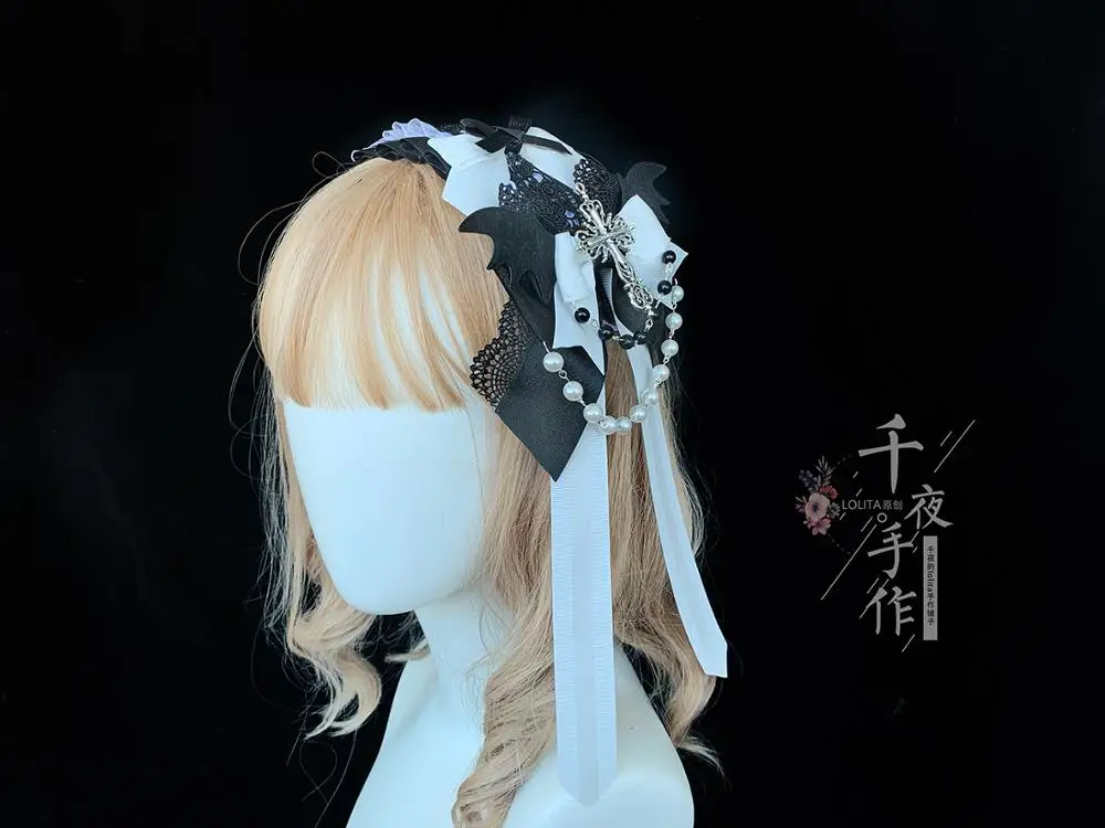 

Girly Party Cosplay Gothic Headwear Props Lolita Original black white cross Bead Chain hairband Taking pictures Gorgeous KC