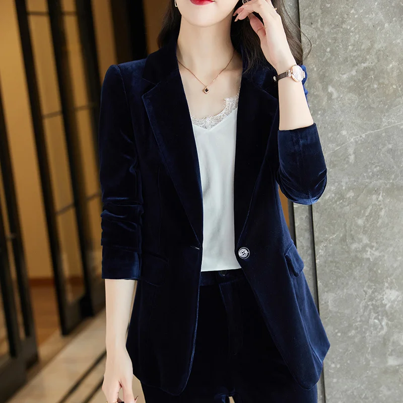 High Quality Fabric Velvet Formal Women Business Suits OL Styles Professional Pantsuits Office Work Wear Autumn Winter Blazers images - 6