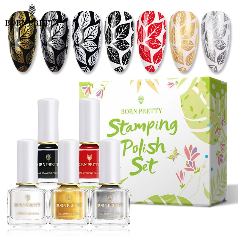 BORN PRETTY Набор лаков для ногтей с тиснением золотого и серебряного цвета шаблон