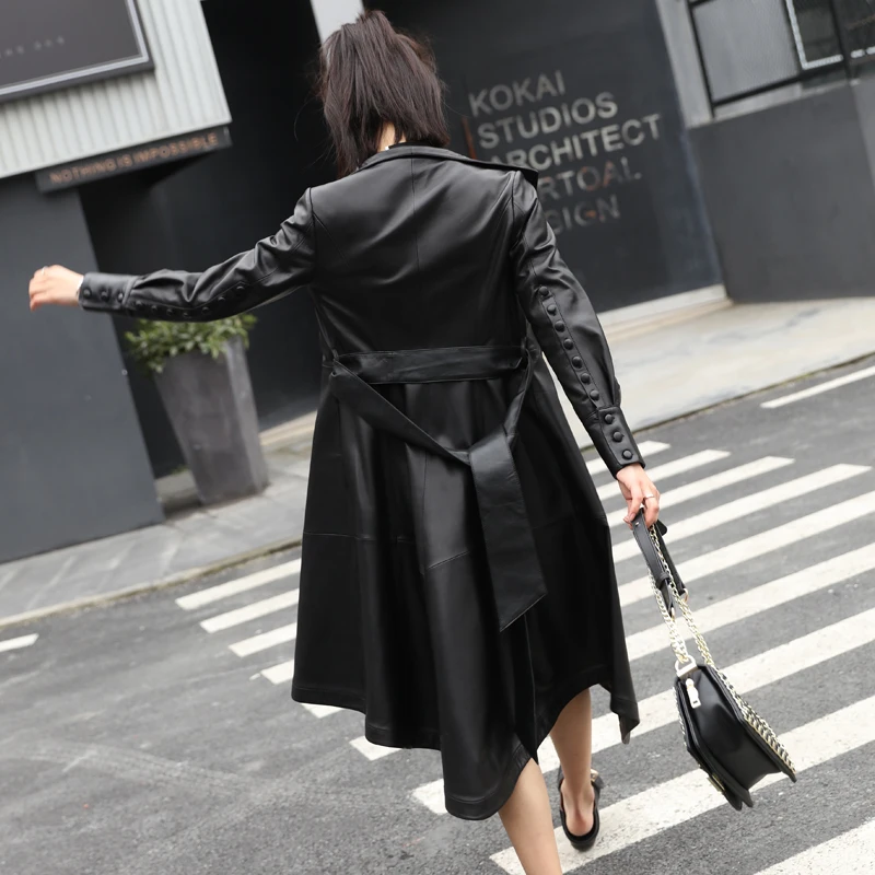 Женская Осенняя куртка из натуральной овечьей кожи длинный тонкий пояс Тренч