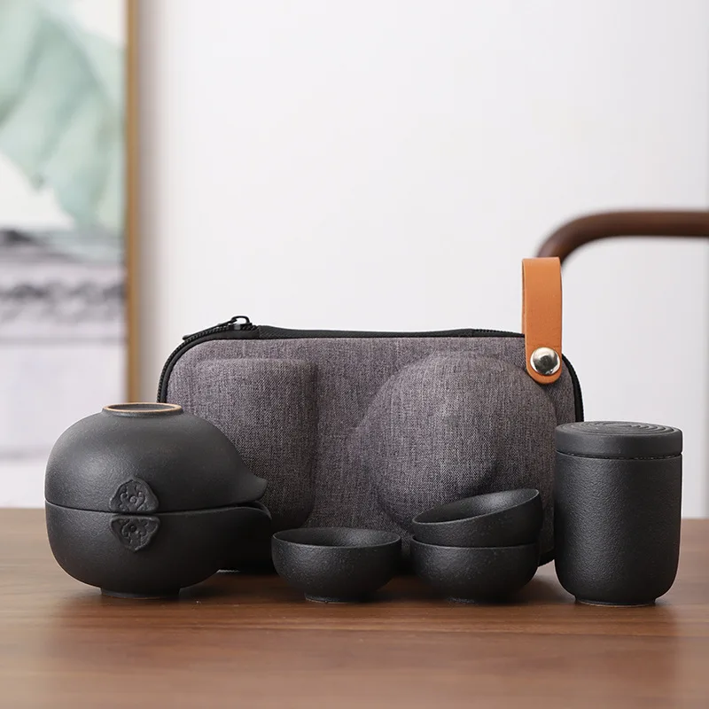 Black Ceramic Travel Kung Fu Tea Set Teaware Retro Pottery One Teapot Three Cups Caddy Portable Pot Chinese Gifts | Дом и сад
