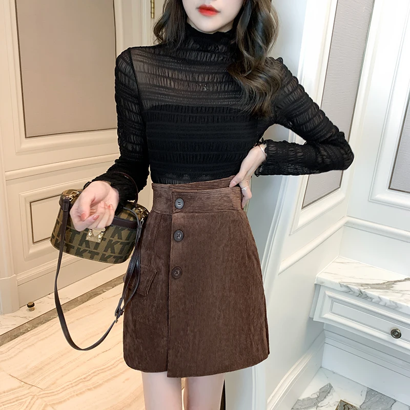 

New Lace Mesh High Neck Bottoming Chiffon Shirt Women Long-sleeved Top Lace Shirt 2020 Autumn and Winter Women's Fashion Blouse