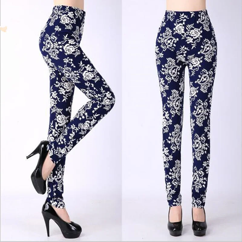 

Printed High Waist Pants Vintage Flowers Pants Female Thin Pregnant Women Pants Female Spring Autumn Navy Clothes Women Leggings