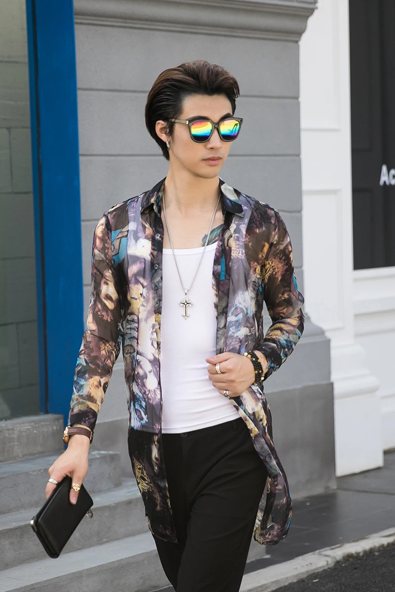 Новинка 2019 Мужская одежда стильная длинная рубашка с саржевым экраном и цифровой