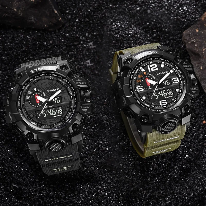 

SYNOKE Army Watch Men Camouflage Green Sport Watch Shock Resistant Buckle Repeater 5 Bar Waterproof Digital WristWatch