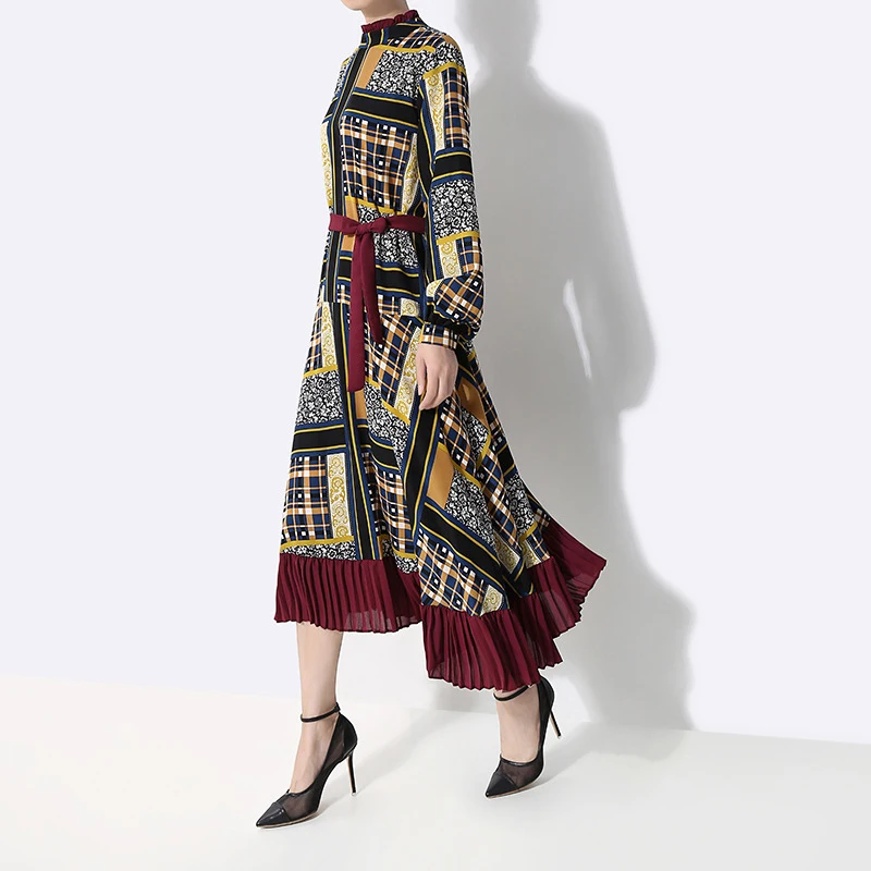 [EAM] Women Pattern Print Pleated Hit Color Dress New Stand Neck Long Sleeve Loose Fit Fashion Tide Spring Autumn 1A884