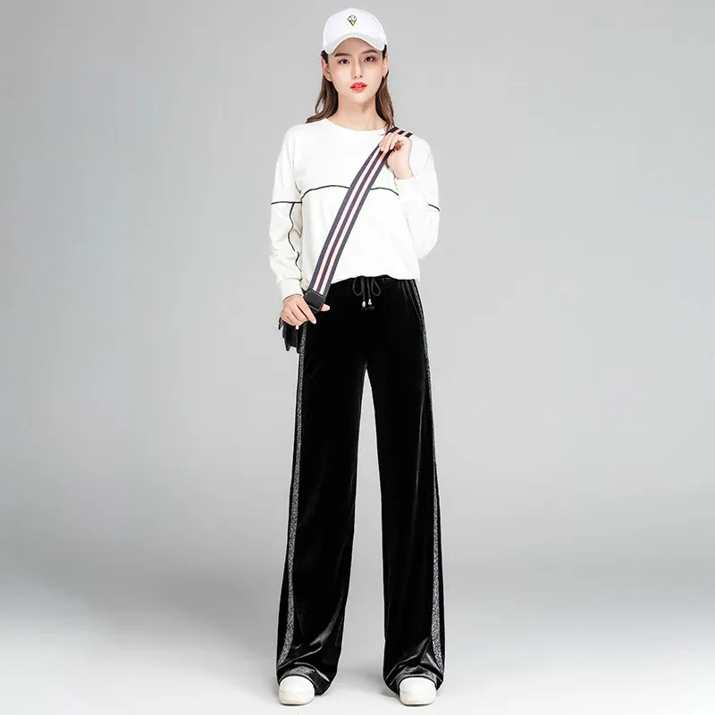 Черные бархатные широкие брюки повседневные с высокой эластичной талией женские