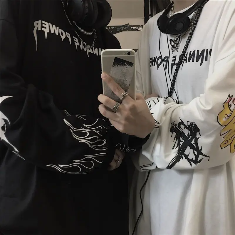 y2k printed T-shirt couple long-sleeved tops 2022 spring autumn new personality high street hip-hop style printed t-shirts trend