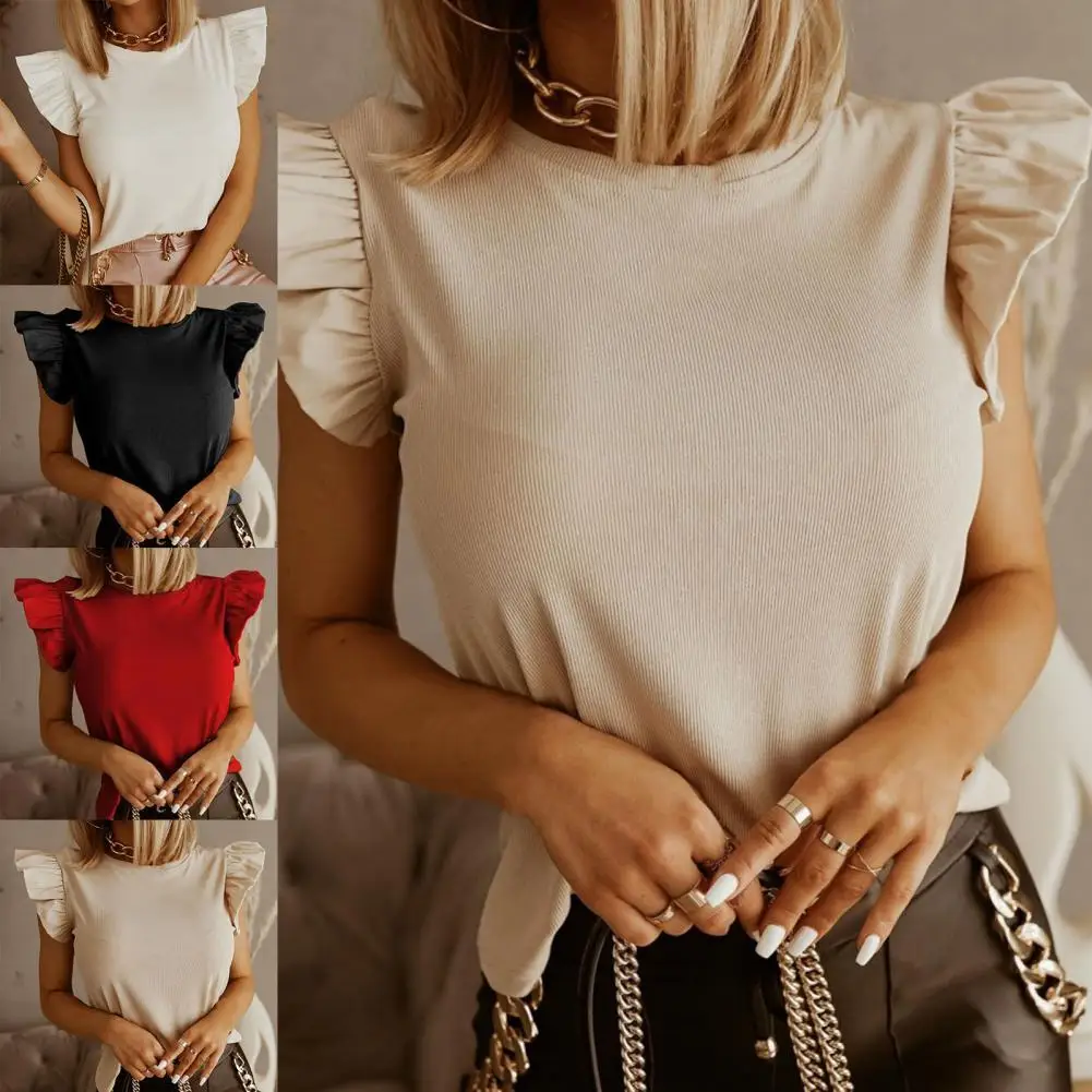 

Hot Sales Summer T-shirt Solid Color Ruffled Sleeve Women Hollow Out Lace-up Blouse for Dating