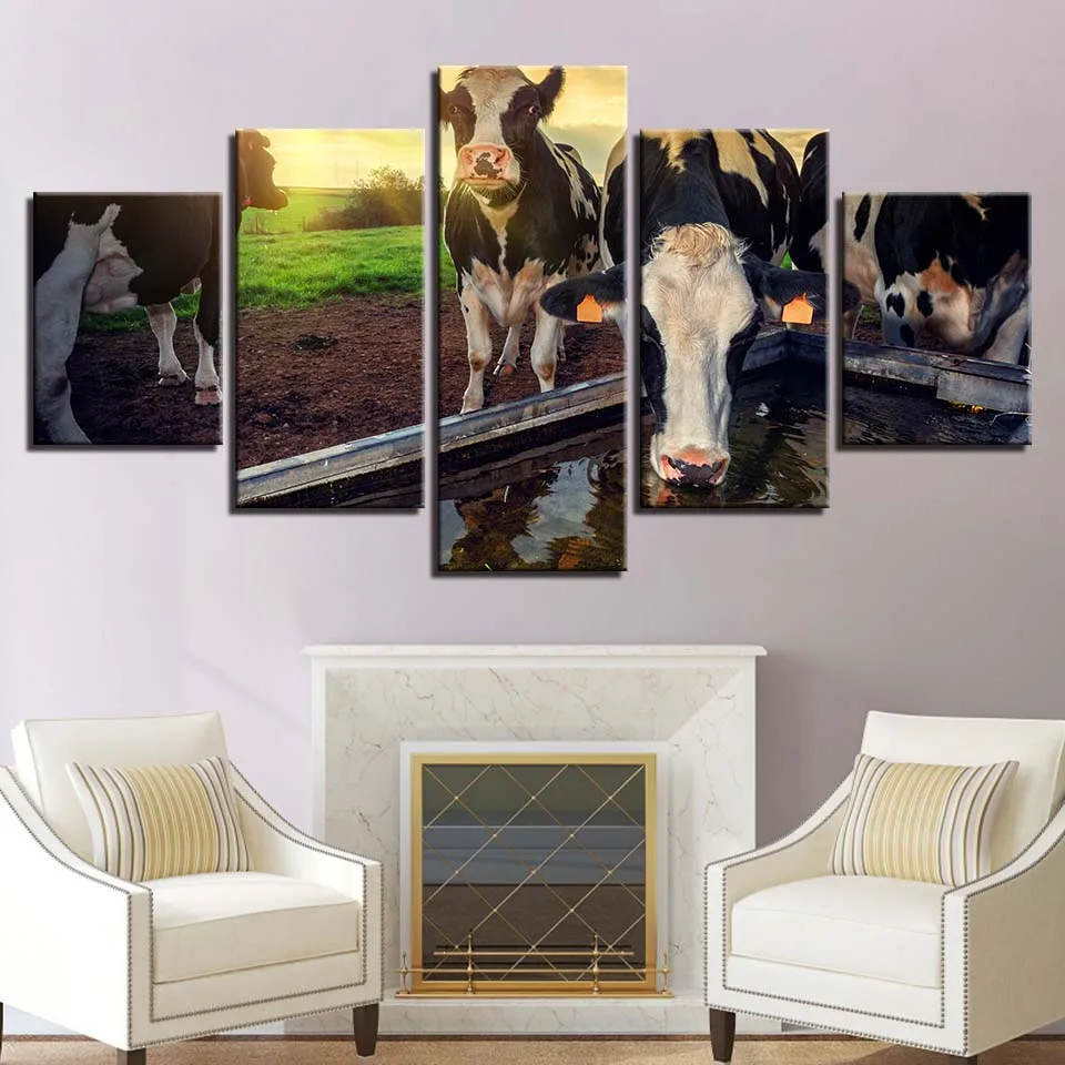 

5 Pieces Modular Canvas HD Prints A Herd of Cows Pasture Scenery Posters Home Decor Wall Art Pictures Art Paintings No Frame