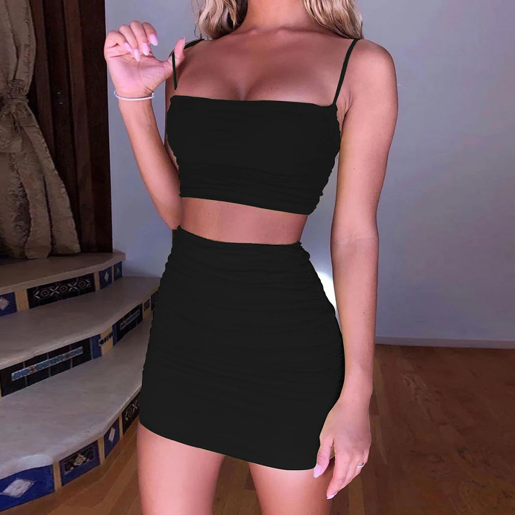 

Sexy Dress Women Two Piece Set Crop Tops Women Mini Skirts Bodycon Summer Dress Ruffles Spaghetti Strap Fashion Solid Outfits
