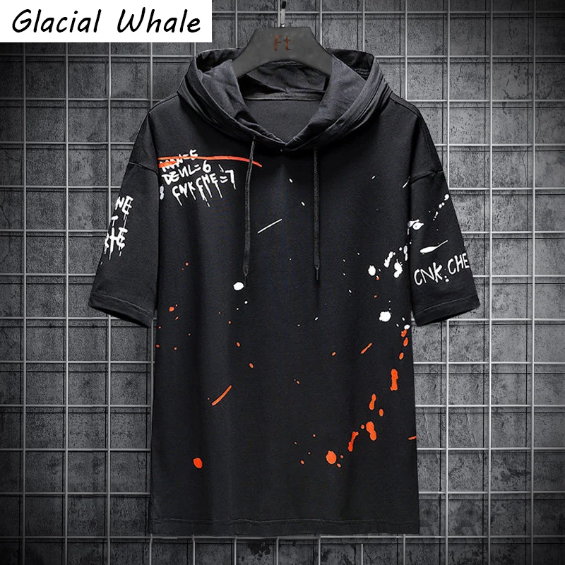 

GlacialWhale Men's Hoodies Men 2021 Summer Black Print Short Sleeves Sweatshirt Hip Hop Harajuku Japanese Streetwear Hoodie Men