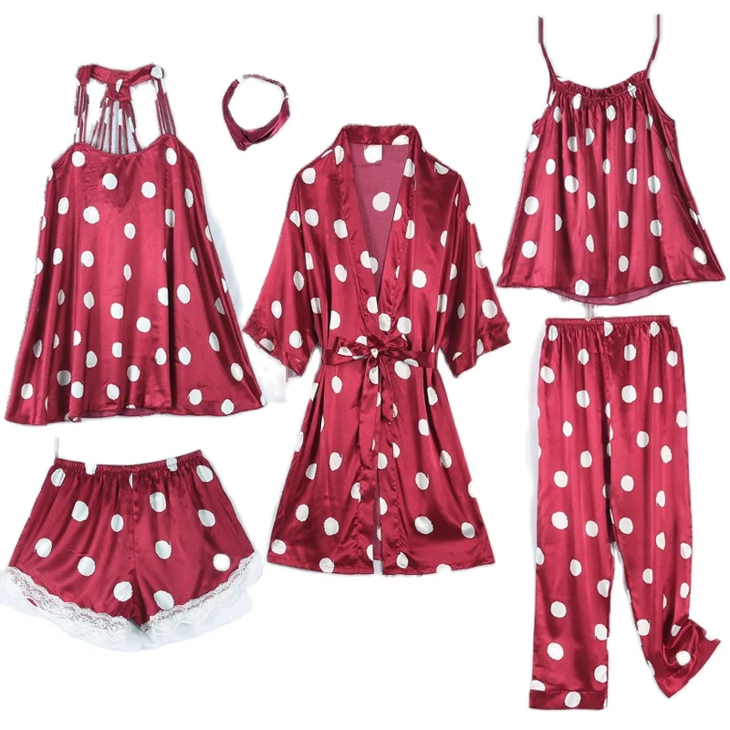 Пижамный комплект из 6 предметов Халат в горошек искусственного шелка Комплект