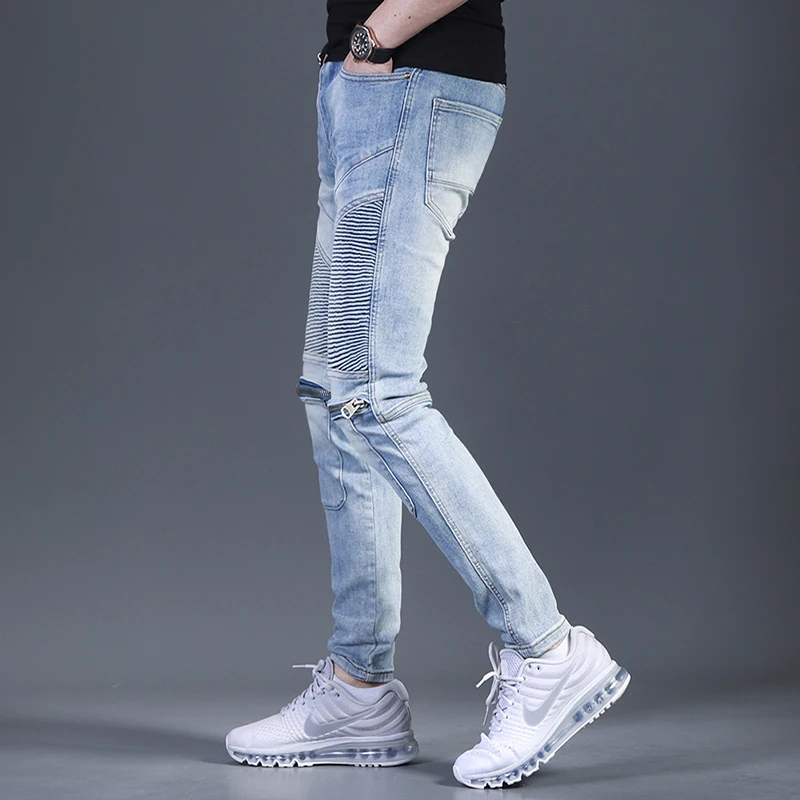 Summer Men's Light Blue Biker Jeans Fashion Slim Fit Denim Pants