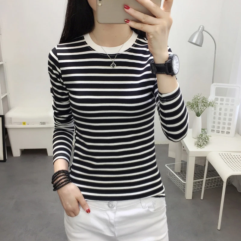 

Fall 2021 Womens Fashion Striped Long Sleeve T Shirt Korean Casual Harajuku Tunics Basic Oversized Clothing Top Black White Pink
