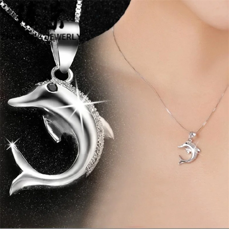 

Romantic Dolphin Pendant Necklace For Girls Anniversary Gift Cute Zircon Animal Necklace Silver 925 Women Jewelry Fast Shipping