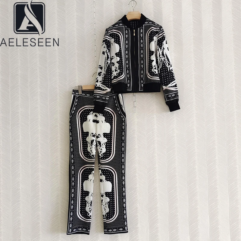 

AELESEEN 2021 Autumn Winter Set Runway Fashion Stand Collar Jacket Coat+ Long Pants Dots Vintage Printed Elegant 2 Pieces Suit