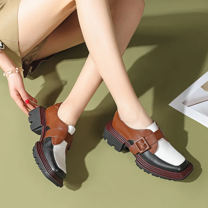 

Steinmeier New Genuine Leather Square Toe Med Heel Cross-tied British Style Retro Fashion Young Lady Streetwear Women Pumps