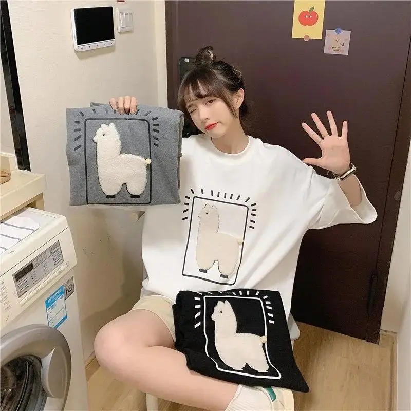 

Three Dimensional Heavy Industry Cartoon Cute Alpaca Summer New Short Sleeve T-shirt for Women