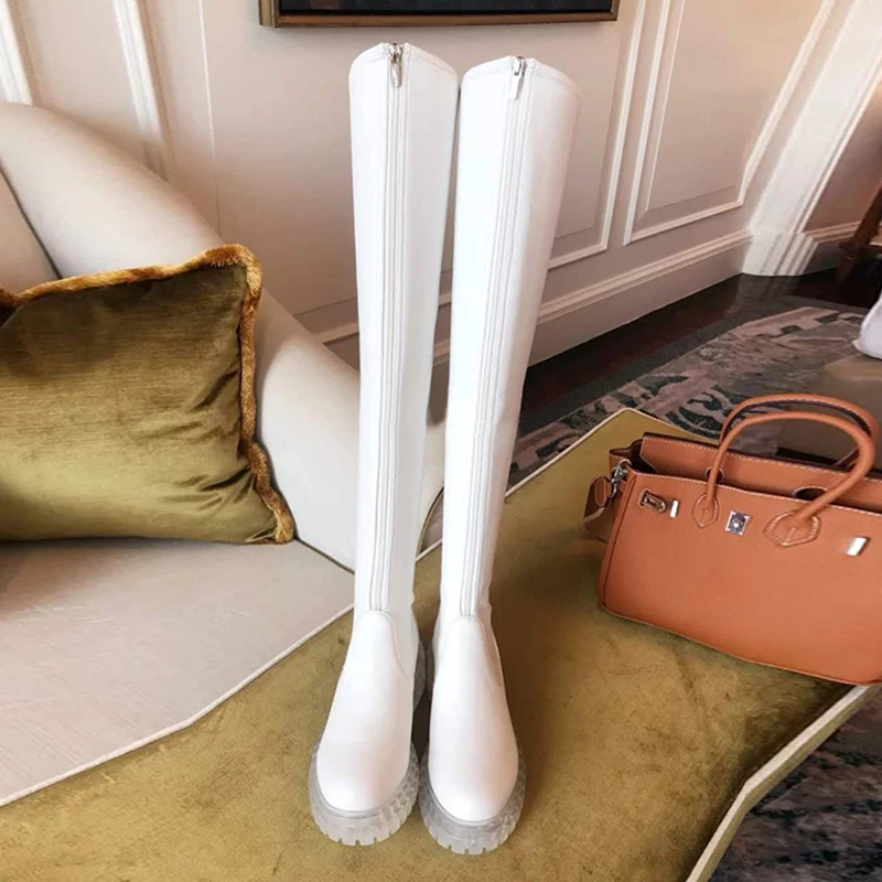 

White Women's Over Knee Boots Round Toe Med Heels Zipper Front M30