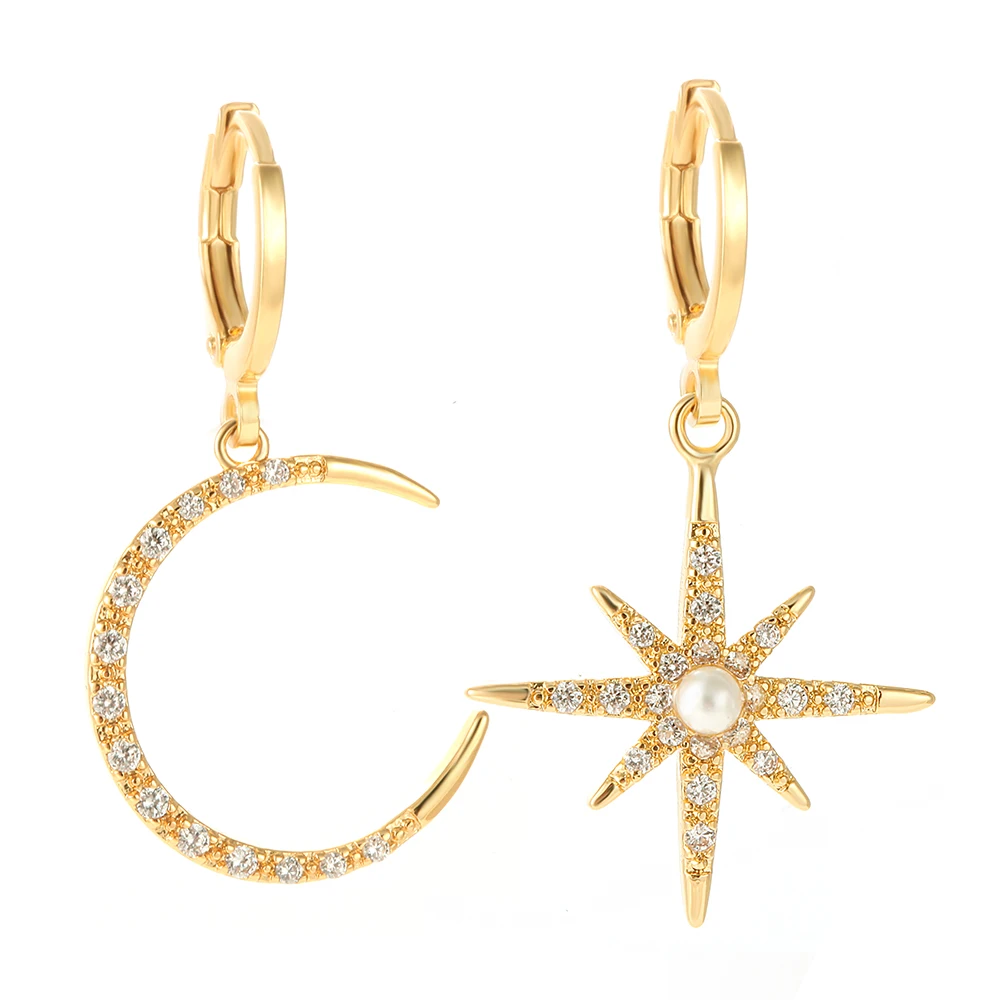 Gold Moon Star Sun Dangle Earrings - Set of 2 Copper Mosaic CZ Charm Korean Women's Drop Earrings | Fashion Jewelry image 4