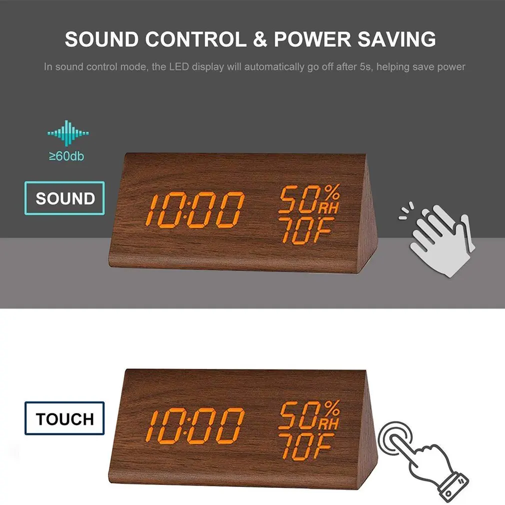 

Desktop Table Digital Humidity Thermometer Fashion Wood Mute Luminous LED Electronic Alarm Clock With Dual Plus Alarm Setting