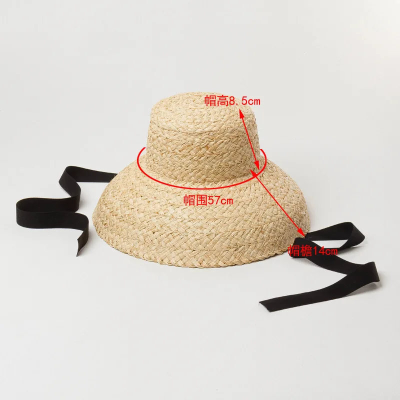 20205-HH7330  long ribbon Handmade raffia grass Hepburn style Lampshade shape lady  bucket  hat Outdoor women holiday beach  cap