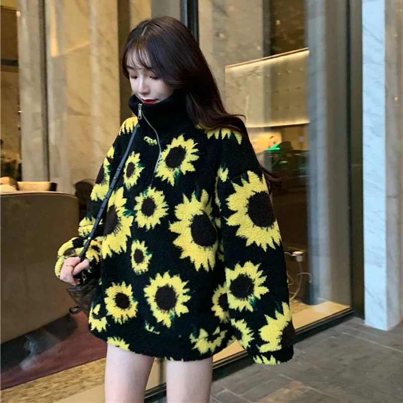 Вельветовый Женский пуловер с подсолнухами уличная Зимняя мода корейский
