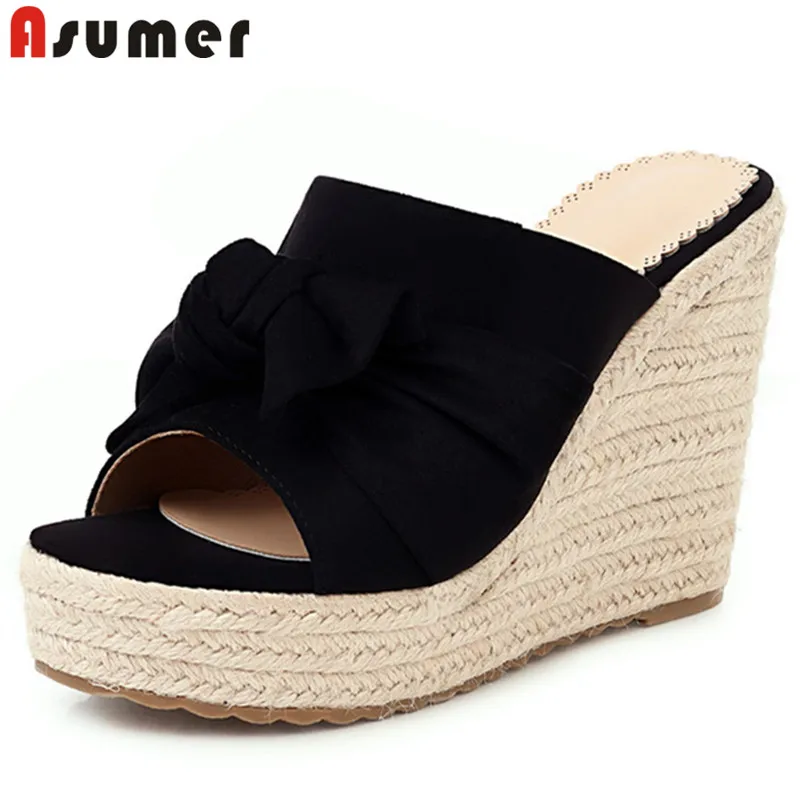 

ASUMER 2020 new arrival women sandals flock bowknot slip on summer wedges platform sandals fashion casual shoes woman black