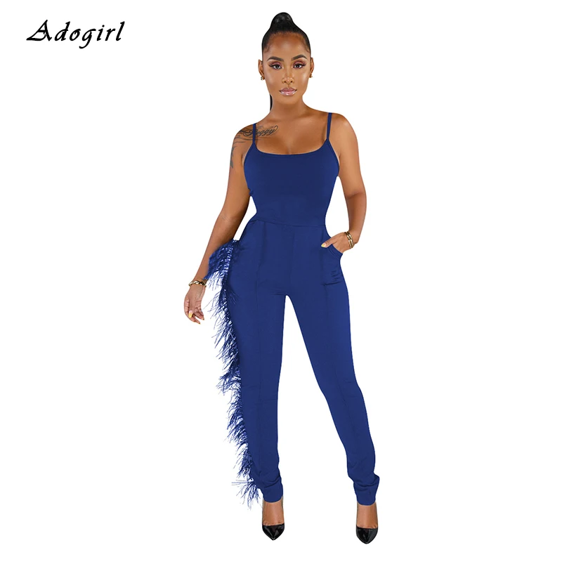 Винтажный комбинезон без рукавов с перьями сексуальный на бретельках карманами