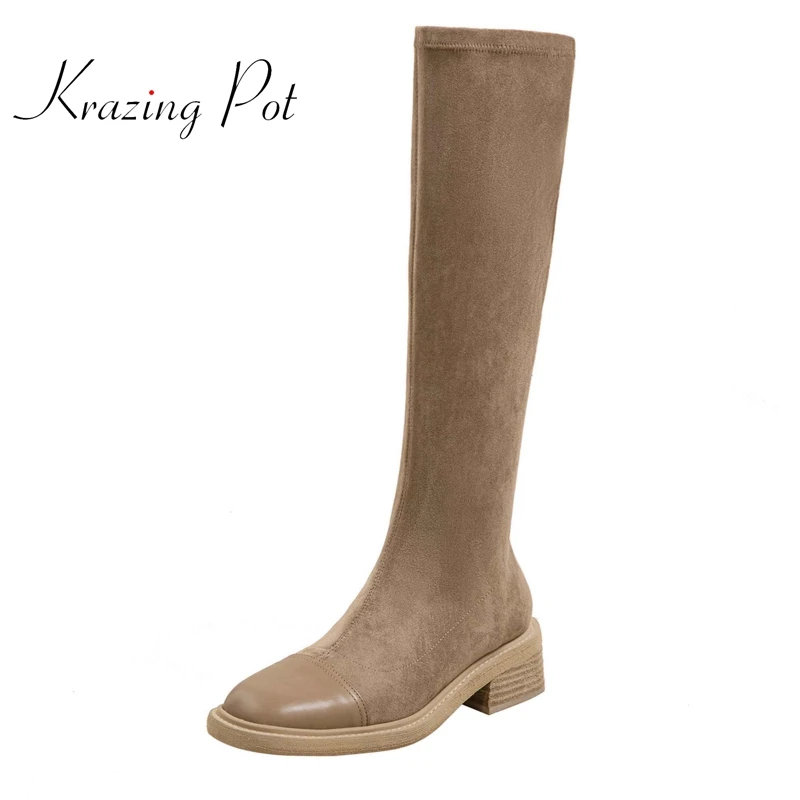 

Зимние теплые высокие сапоги Lenkisen из натуральной кожи с квадратным носком на среднем каблуке в Корейском стиле, уличная мода, лоскутные сли...