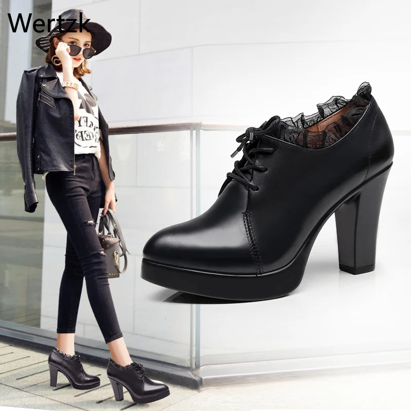 Туфли-лодочки женские из натуральной кожи со шнуровкой на квадратном каблуке