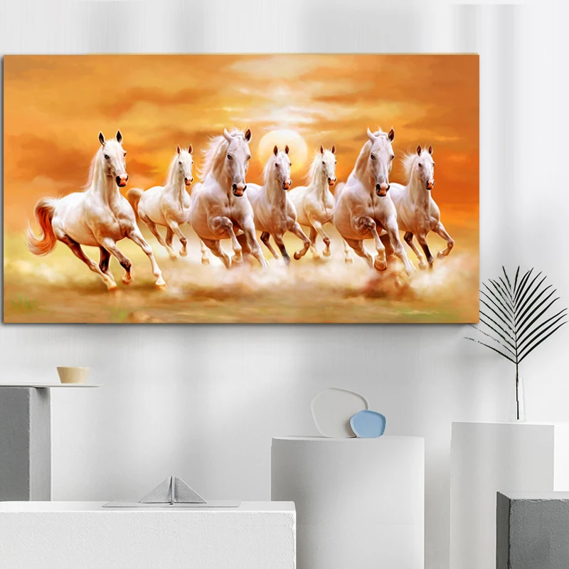 Красивые белые лошади скачущие оранжевый закат небо картина с рисунком животных