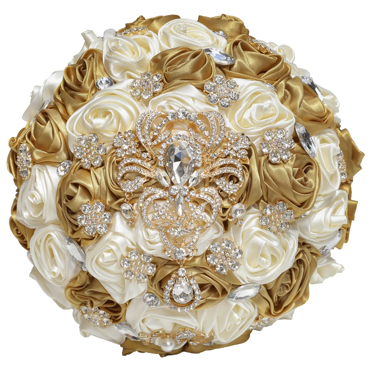 

Golden Rhinestone Brooch Wedding Bouquet for Bride Bridesmaid High Quality Ribbon Flowers Many Size and Colors W299B