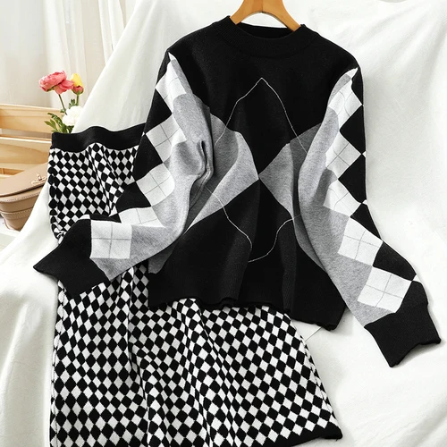 

Fashion Hit Color Knitted 2piece Sets Long O-Neck Sleeve Argyle Pullover Sweater + High Waist Slim Skirt 2020 Autumn Suit