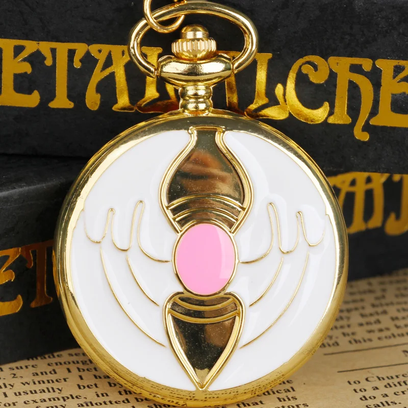 Golden Girly Style Pink Crystal Inlaid Quartz Pocket Watch Ladies Children Necklace Chain Moon Pocket Fob Watches Pendant Gift images - 6