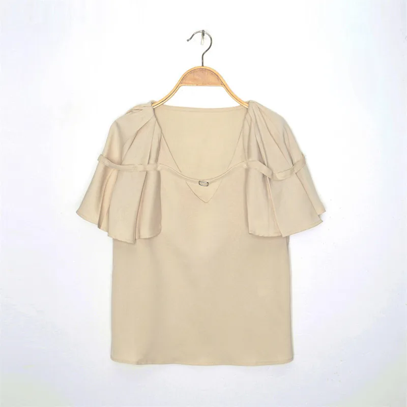 

Summer Solid Color Loose V-Neck Butterfly Sleeve T-Shirt Female High Street Casual New Top Ladies Elegant French Slim Tee ML108