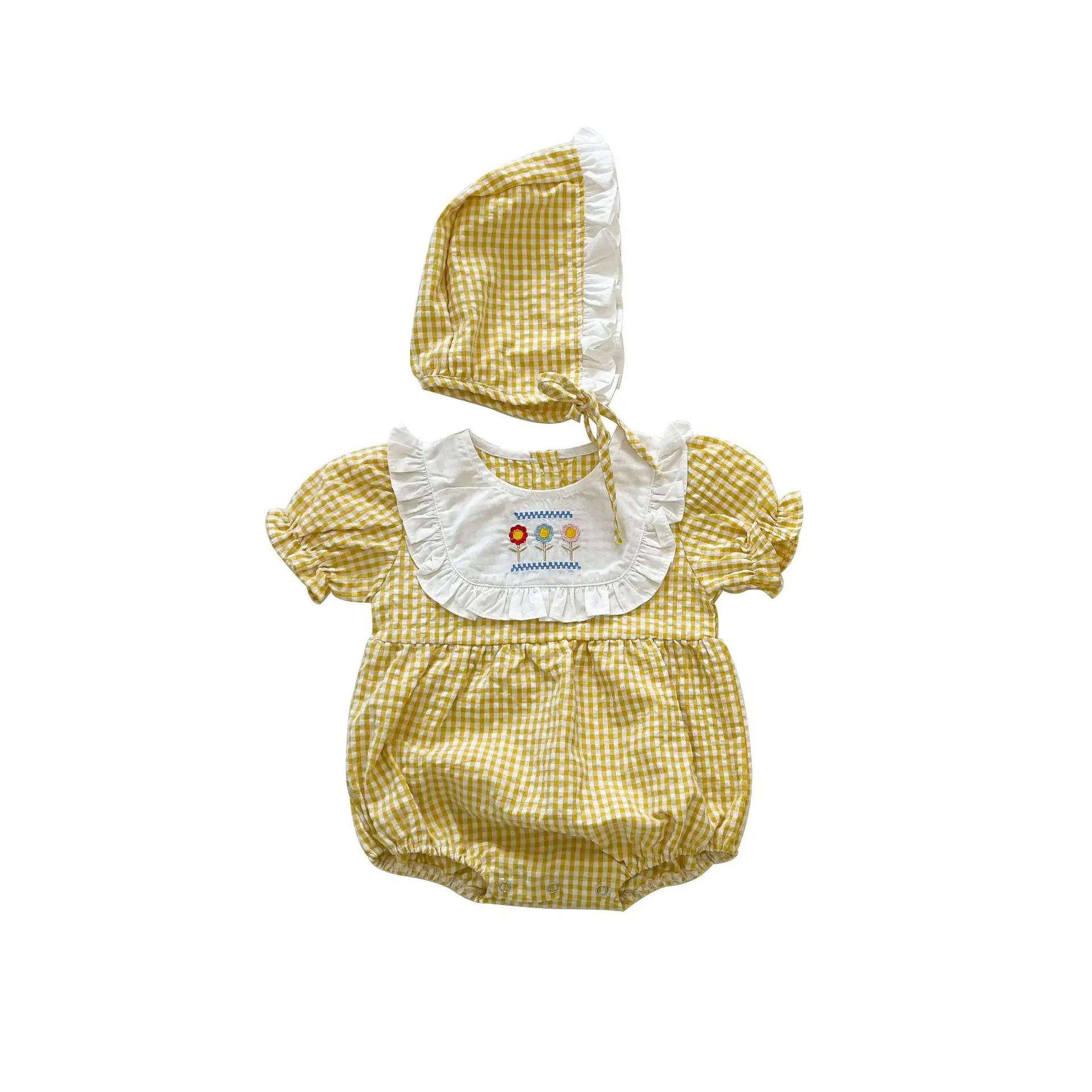 

7722 Newborn Baby Clothes Girl Romper Korean 2021 Sweet Baby One Piece Clothes Plaid Patchwork Toddler Girl Onesies With Hat