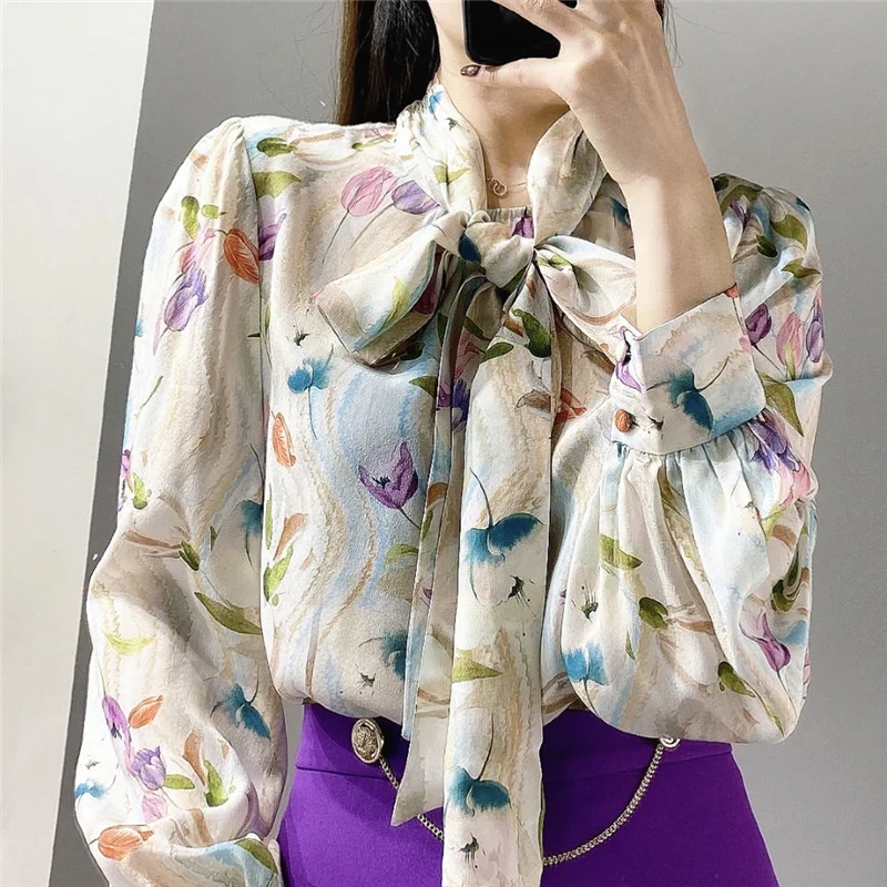 

Women's 2021 Fall New Style Silk Shirt Tulip Print Shirt Top Women Ustyle0371