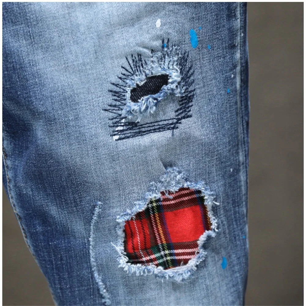 EH·MD® Ripped Plaid Lined Jeans Men's Inkjet White Paint Dots Soft Fabric Casual Loose Cotton Elastic Pants Badge Red Ear 2021