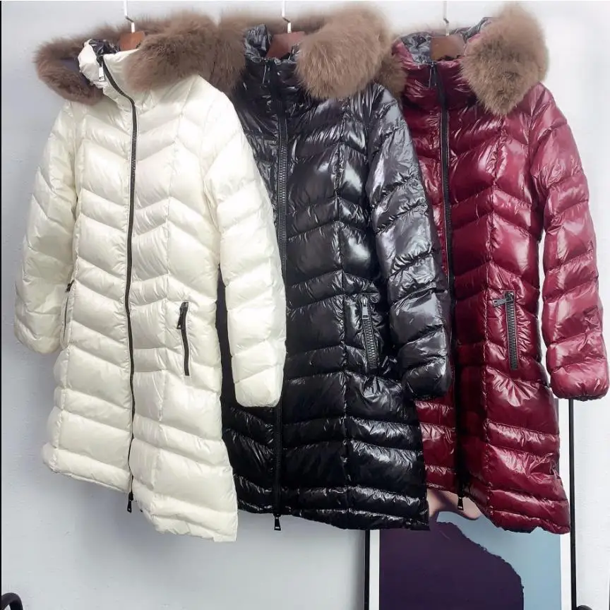 

Winter big real fur collar shiny hooed coats Fluffy Duck down coat female long Down Jacket was thin thicker warm Parkas F1993