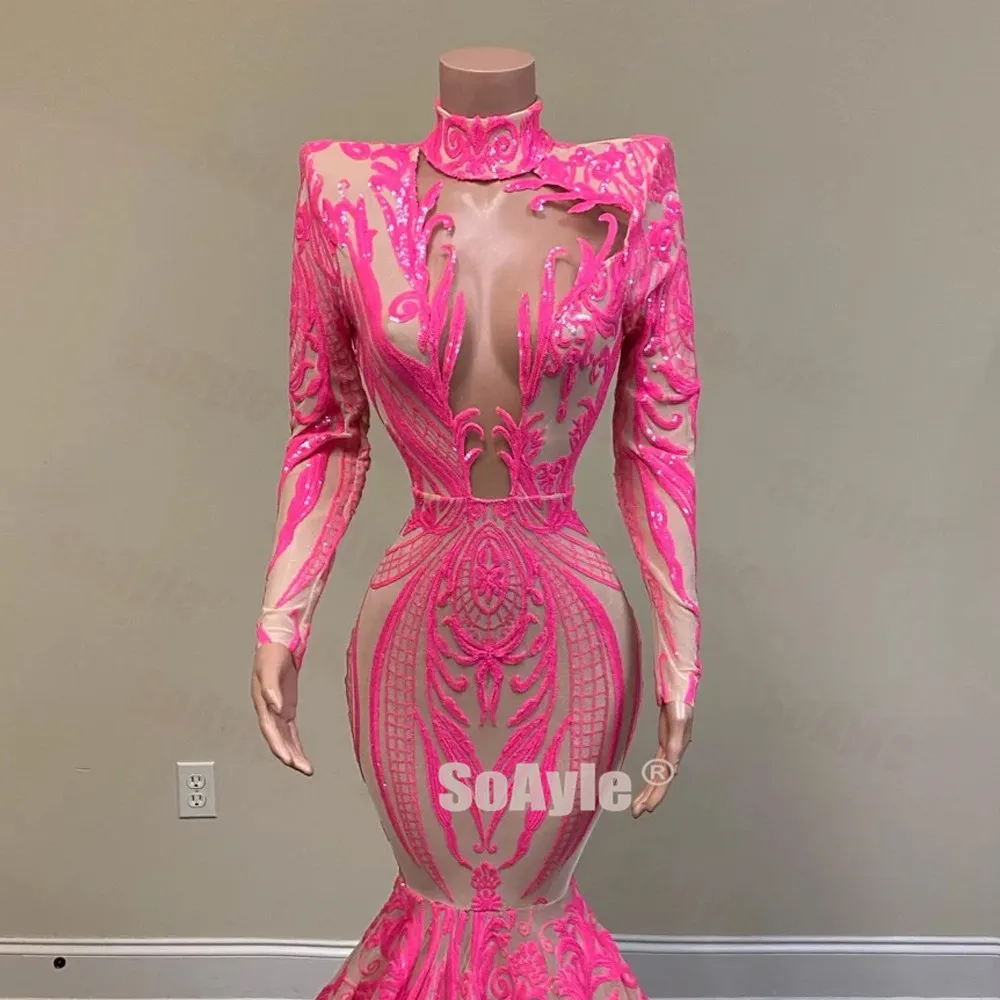 SoAyle Real Sample Long Nigeria Prom Dresses 2020 Sheer Neck Mermaid Sequin Pink African Women Prom Dress Spandex Dresses