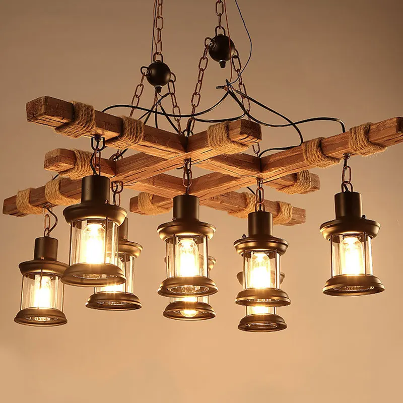 Retro Industrial Lights 8-Head Vintage Wood Chandelier Cafe Bar Clothing Store Loft Glass Pendant Iron Lampwooden Droplights