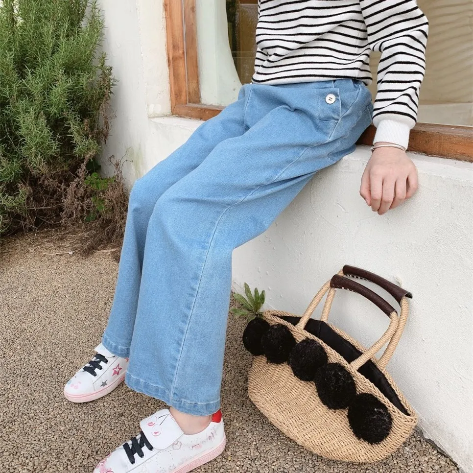 

Size 120 Girls' jeans autumn/winter new casual double-breasted elastic waist Kids wide-leg denim baby trousers