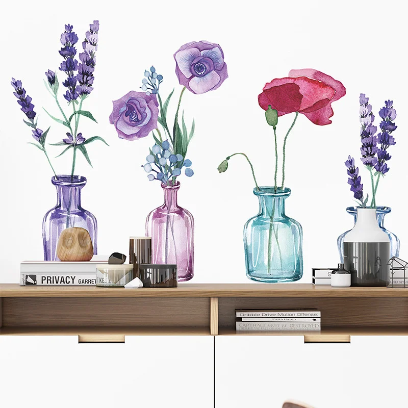 

Lavender Poppy In Colorful Vase Wall Stickers For Bedroom Living Room Sofa TV Background Wall Decor Removable Wall Decals