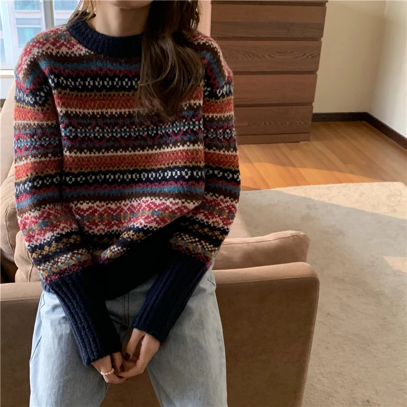 

Korean Chic Winter Vintage Jacquard Pattern Western Style Idle Style Versatile Loose Crew Neck Pullover Sweater Knitwear