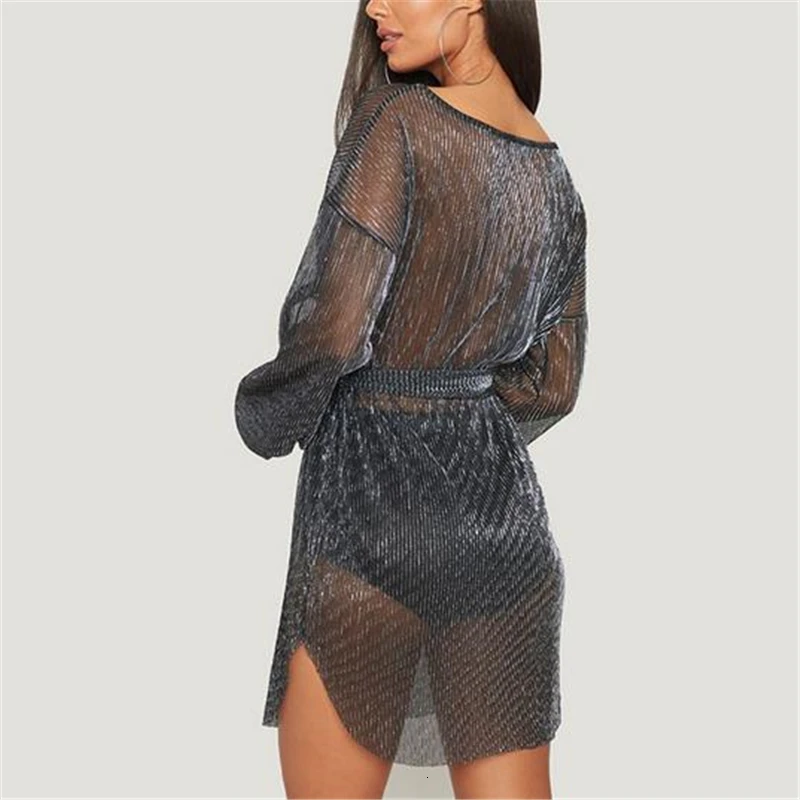 See Through Dress Mini Mesh Long Sleeve Sexy Dresses Bodycon For Women Elegant Clothes Loose Club Party |