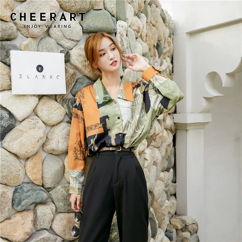 Винтажная блузка Cheerart с длинным рукавом свободная рубашка принтом Женские топы и